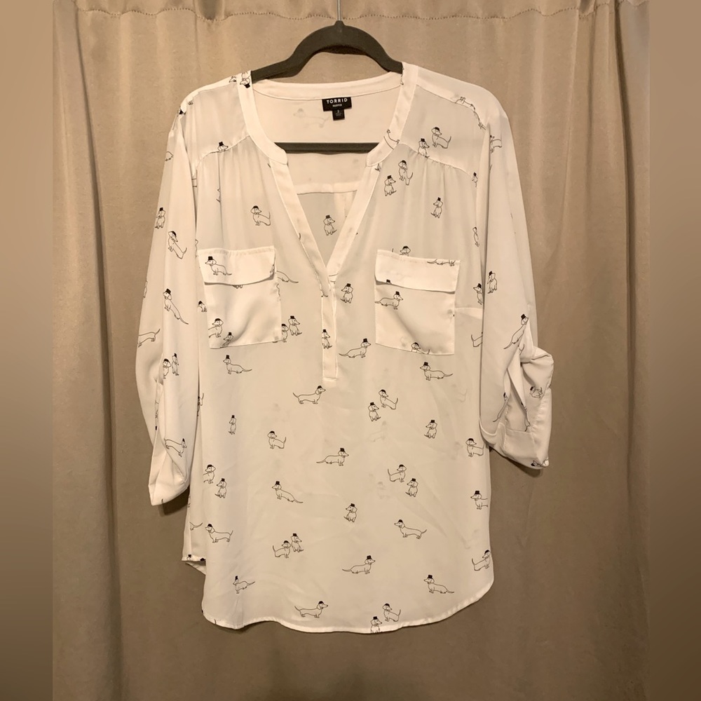 Harper Georgette Pullover 3/4 Sleeve Blouse- Torrid- Dachshund